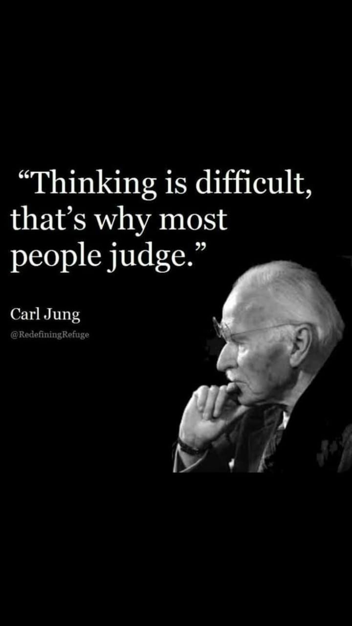 an older man in a suit and tie with a quote about thinking is difficult, that's why most people judge