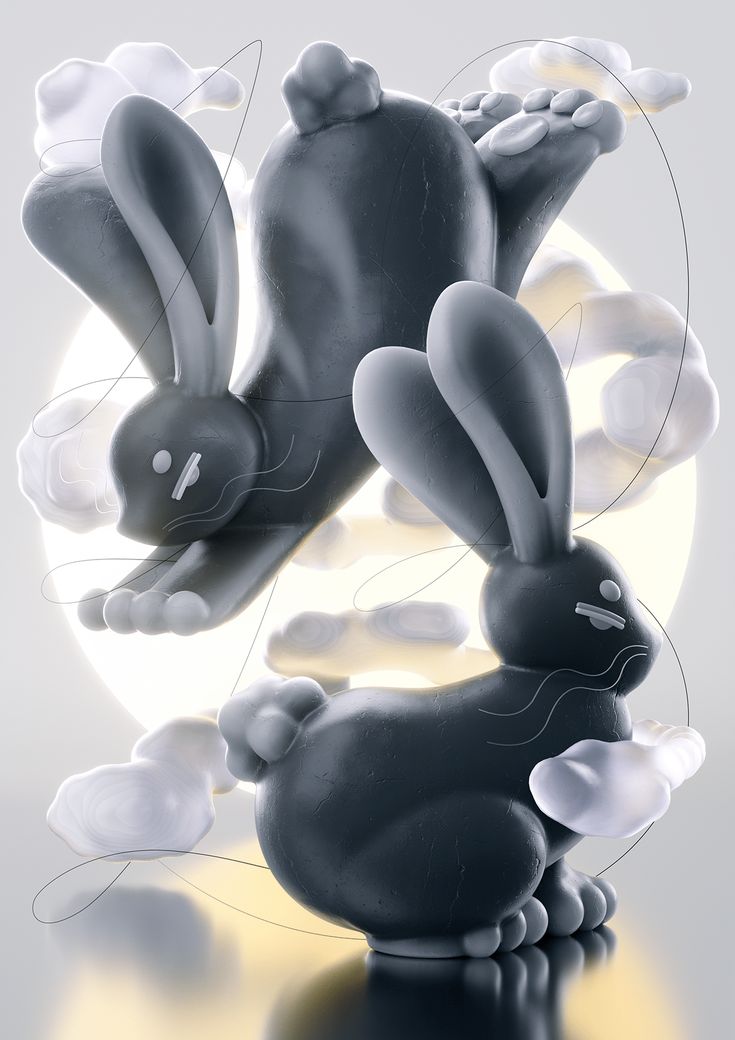 two black and white rabbits are in front of a circular object with clouds on it