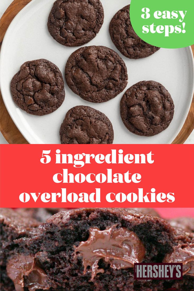 chocolate cookies on a plate with the words 5 ingredient chocolate overload cookies above them