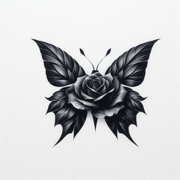 a black and white drawing of a rose with butterfly wings on the back of it