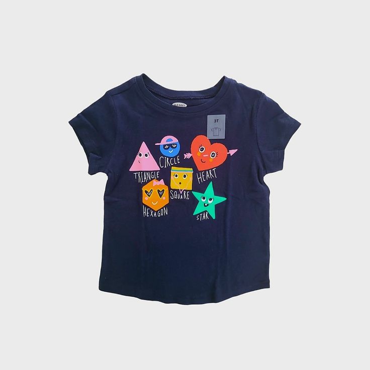 Cute Old Navy Graphic Shapes Blue T-Shirt For Girls Size 3t Blue Color Graphic Print At Front Crewneck Short Sleeves Brand New Blue Fun T-shirt For Playtime, Multicolor Short Sleeve T-shirt For Playtime, Cute Graphic Print Tops For Playtime, Blue Cotton Top With Cartoon Print, Playful Letter Print Tops For Playtime, Cute Blue Tops With Graphic Print, Playful Blue Top With Letter Print, Graphic Tee With Cartoon Print For Playtime, Fun Letter Print Tops For Playtime