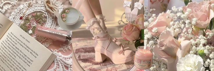 there is a collage of photos with pink shoes and flowers in them, including an open book