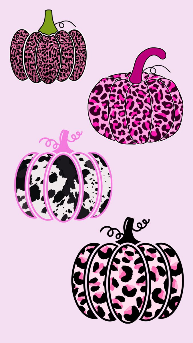 three pumpkins with pink and black designs on the front, one is leopard print