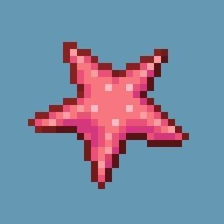 an pixelated pink starfish on a blue background