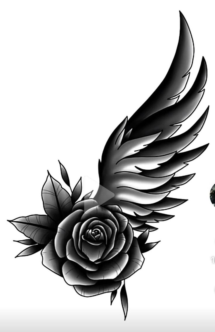 a black and white rose with wings tattoo design