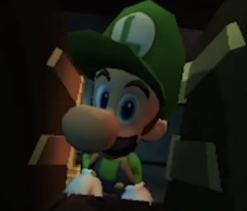 an image of a mario kart character in a dark room with his head turned to look like he's smiling