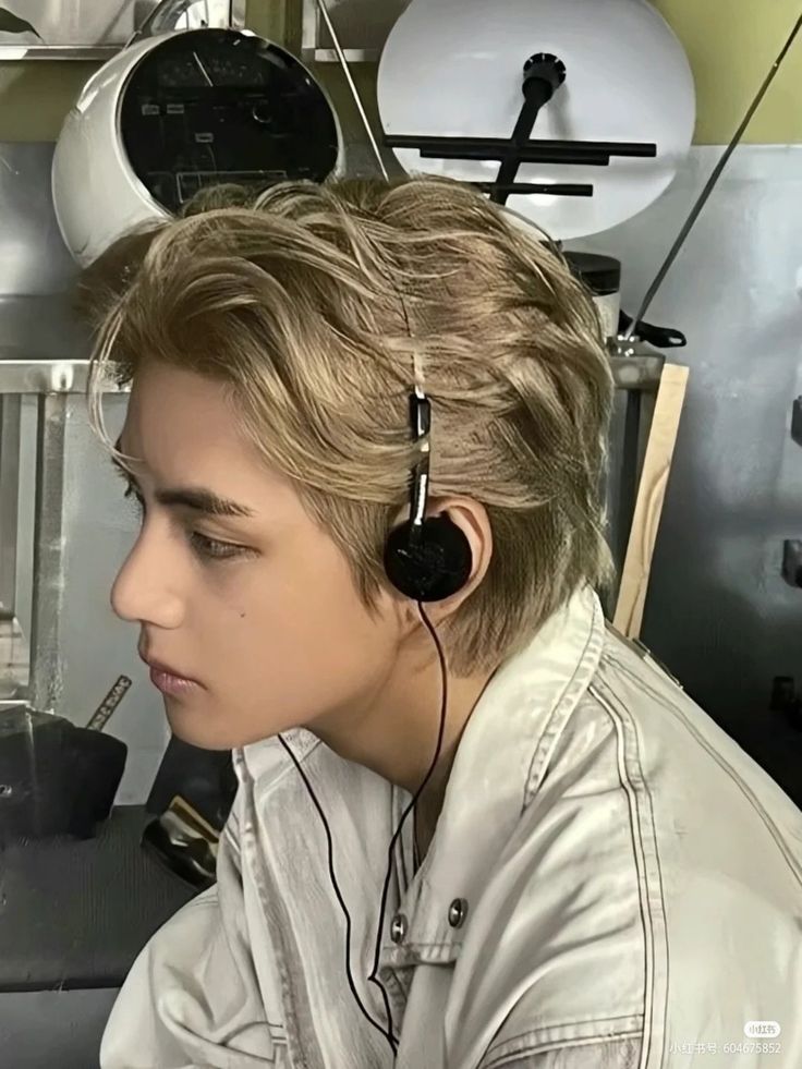 a boy with headphones on his ears looking at something in front of the camera