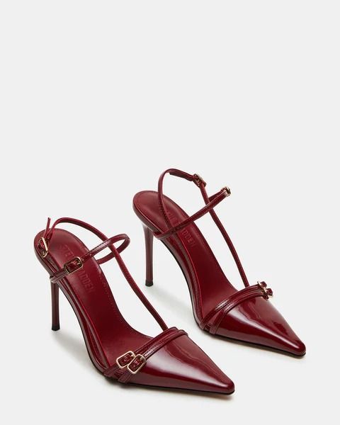 DEAGAN Wine Patent Strappy Pump Heel | Women's Heels – Steve Madden Burgundy Slingback Heels, Red Kitten Heels, Burgundy Heels, Dr Shoes, Fashion Shoes Heels, Strappy Pumps, Fashion Goals, Girls Heels, Designer Pumps