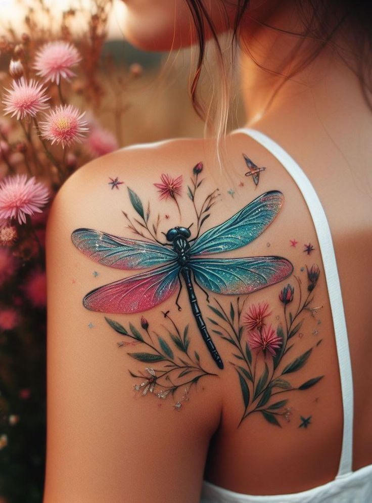 a woman's back with a dragonfly tattoo on her shoulder and flowers in the foreground