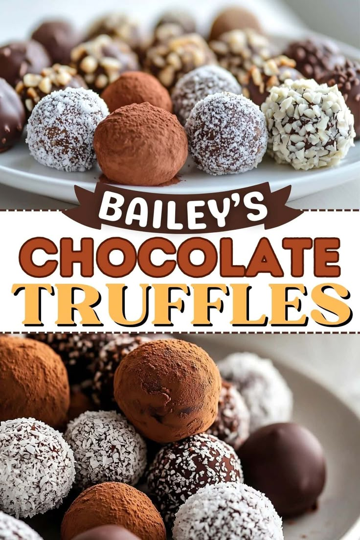 there are chocolate truffles on the plate and in the background is an advertisement for bailey's chocolate truffles