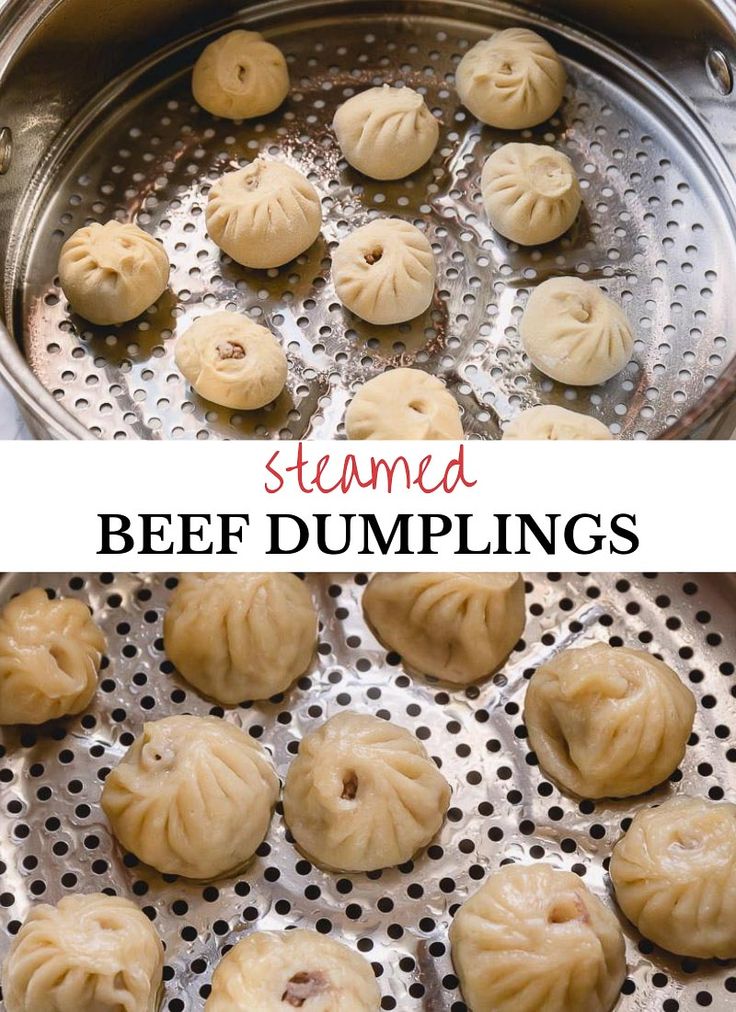 steamed beef dumplings in a pot with text overlay