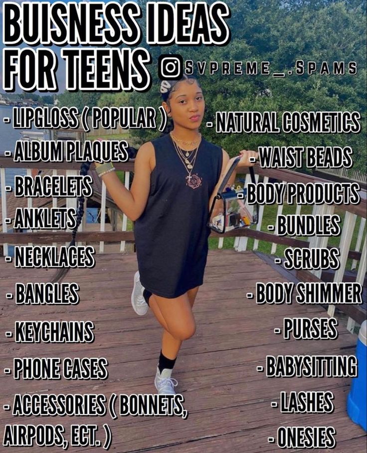 a woman standing on top of a wooden deck next to a sign that says business ideas for teens