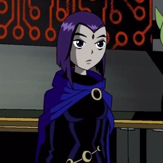 an animated image of a woman with purple hair and blue eyes wearing a black outfit