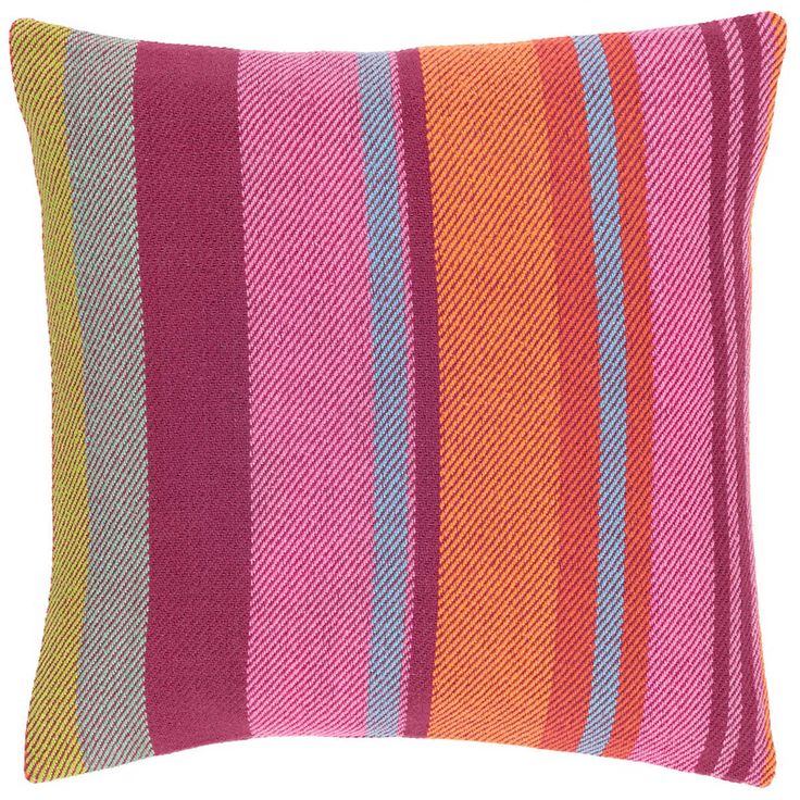 a pink and orange striped pillow on a white background