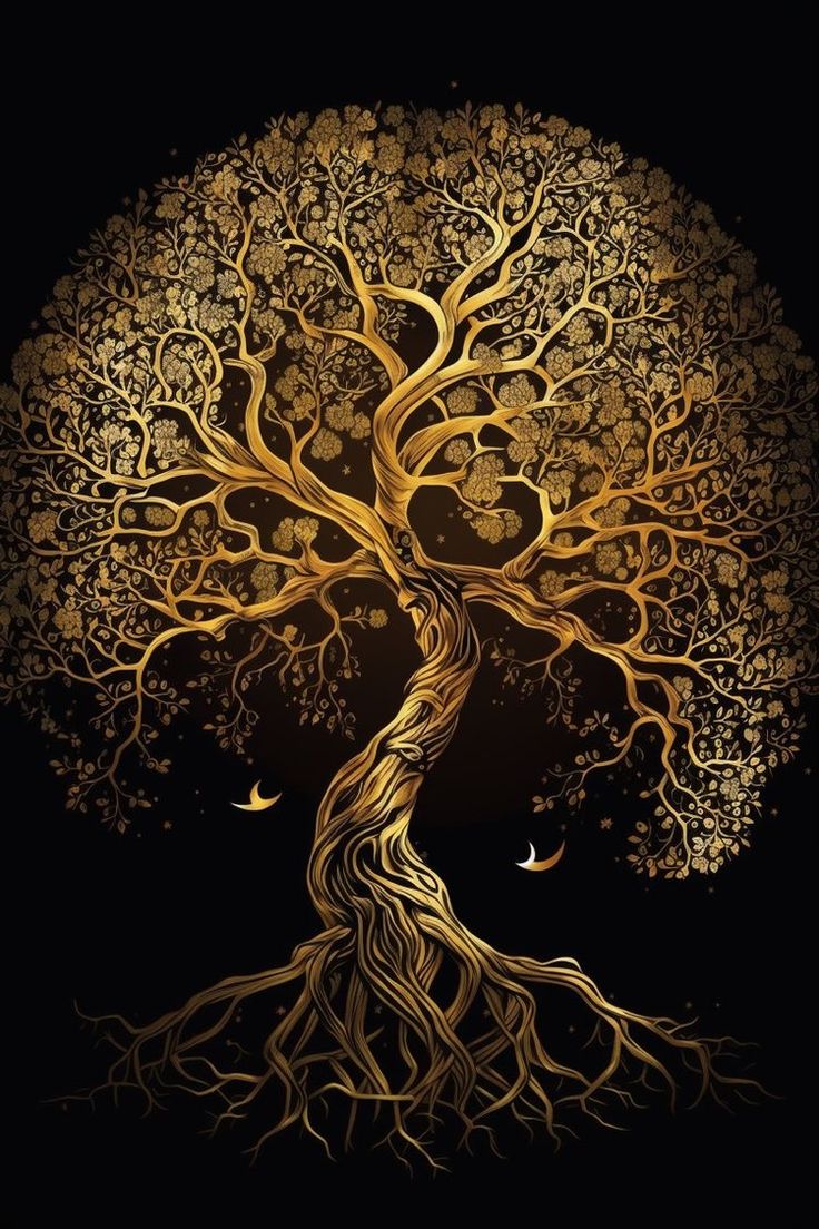 a golden tree with lots of branches and birds flying around it on a black background