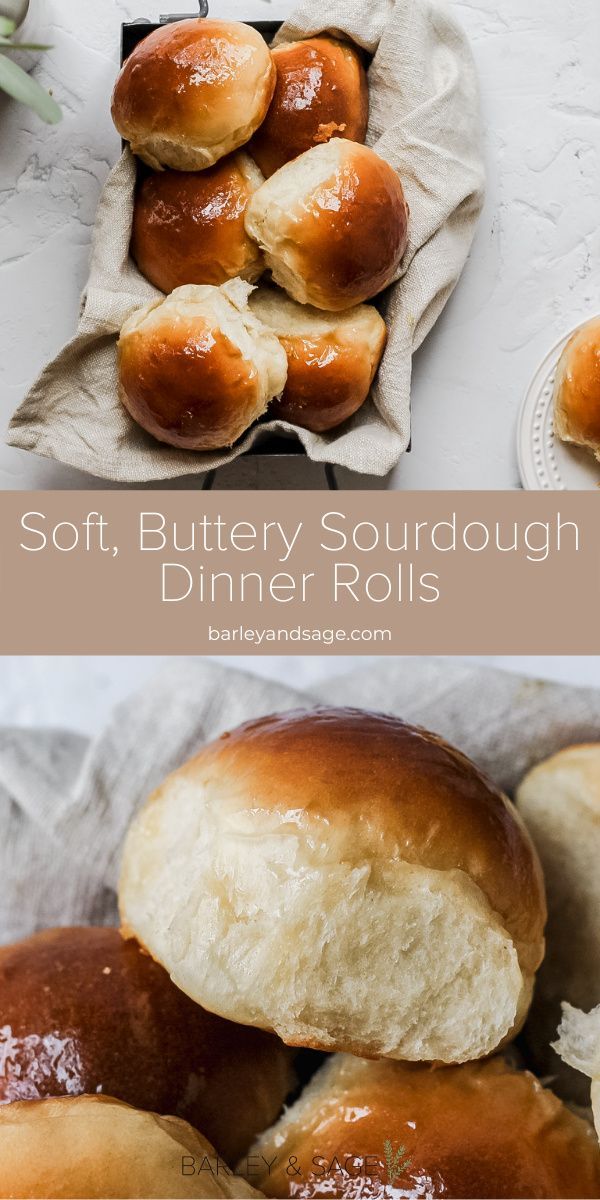 soft, buttery sourdough dinner rolls are piled on top of each other