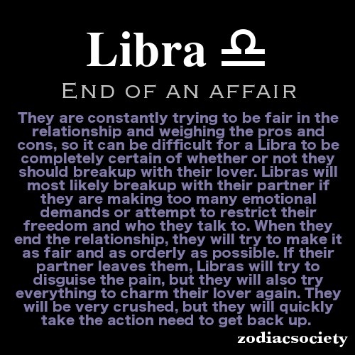 an image with the words libra and end of an affair written in white on black