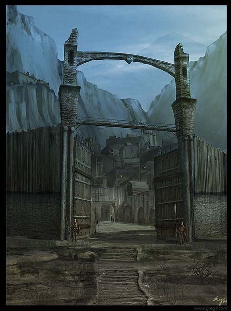 an image of a fantasy setting with mountains in the background and a gate leading to it