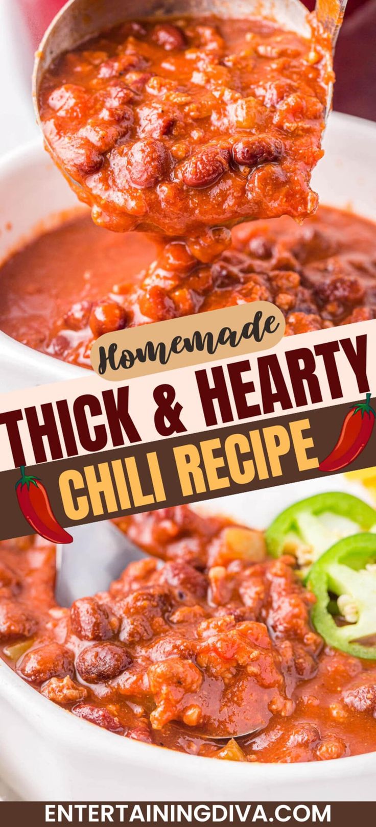 a spoon full of chili and hearty chili recipe with the title overlay reading homemade thick & hearty chili recipe