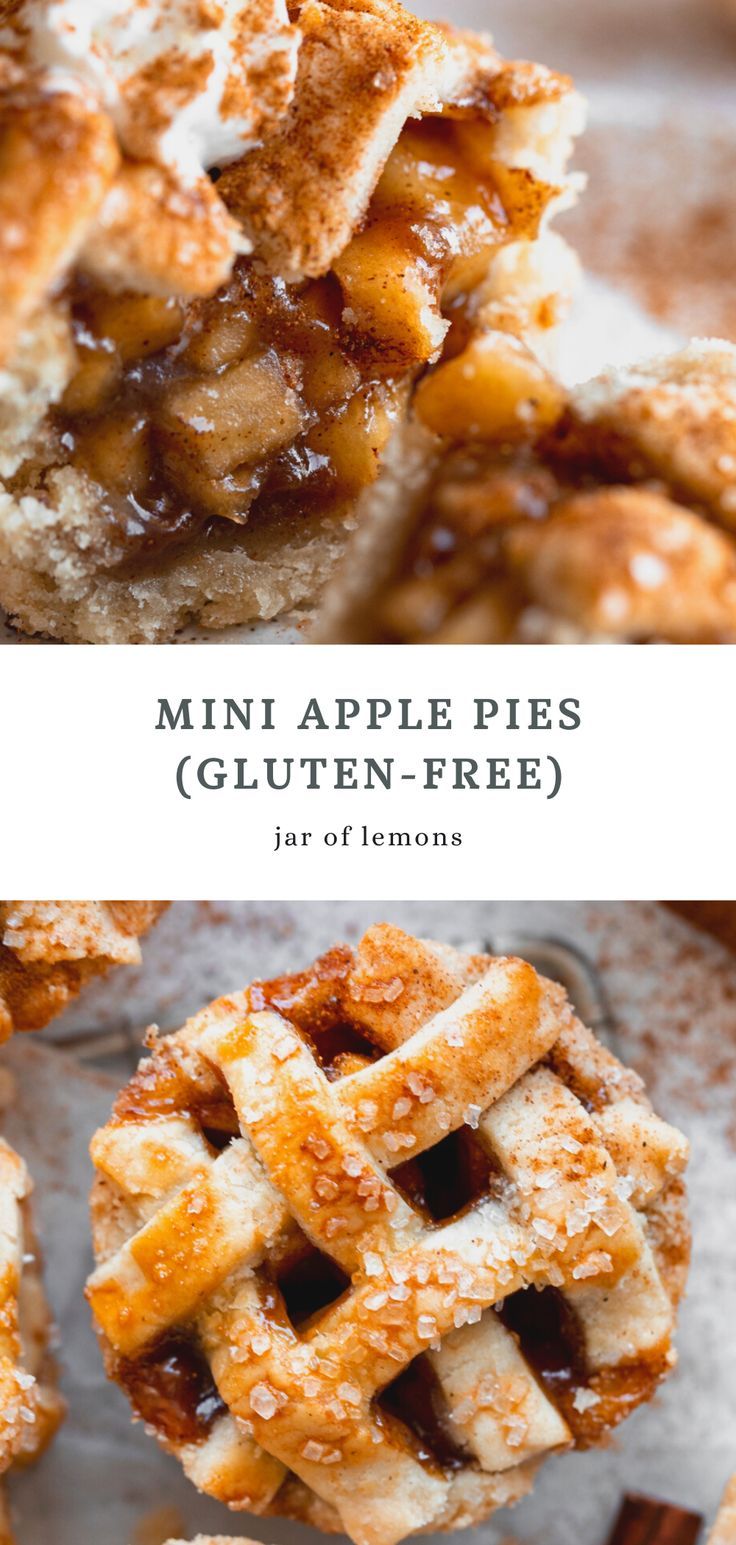 Two images of mini apple pies. Fall Desserts Gluten Free, Gluten Free Desserts Thanksgiving, Gluten Free Halloween Food, Dairy Free Thanksgiving, Jar Of Lemons, Gluten Free Apple Pie, Mini Pie Recipes, Gluten Free Thanksgiving Recipes, Cinnamon Apple Pie