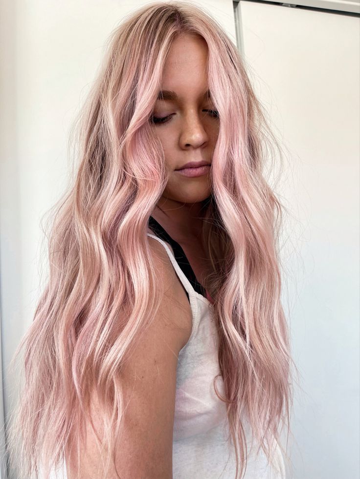 Pink And Platinum Blonde Hair, Pale Pink And Blonde Hair, Dusty Pink Blonde Hair, Pink Hair For Summer, Pink Hair Balayage Blonde, Blonde Hair With Pink Extensions, Pearly Pink Hair, Light Pink Halo Hair, Light Pink In Blonde Hair