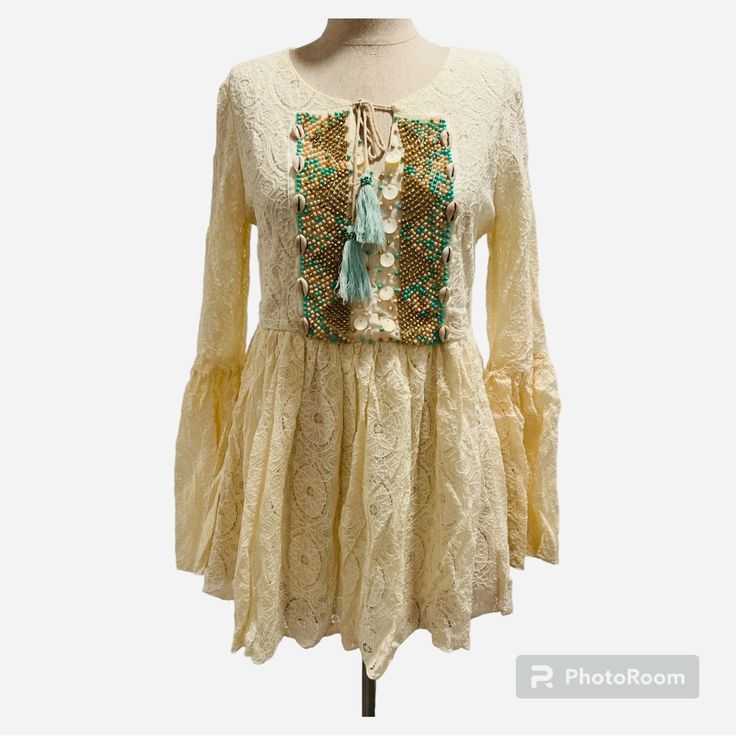 Lace Fabric Beaded Neck Long Sleeves Embellished Cream Tops For Spring, Summer Embellished Beige Blouse, Spring Embellished Lace Tops, Bohemian Embellished Tops For Fall, Casual Embellished Spring Blouse, Spring Casual Embellished Blouse, Bohemian Lace Top With Floral Print, Spring Festival Embellished Tops, Bohemian Embellished Tops For Spring