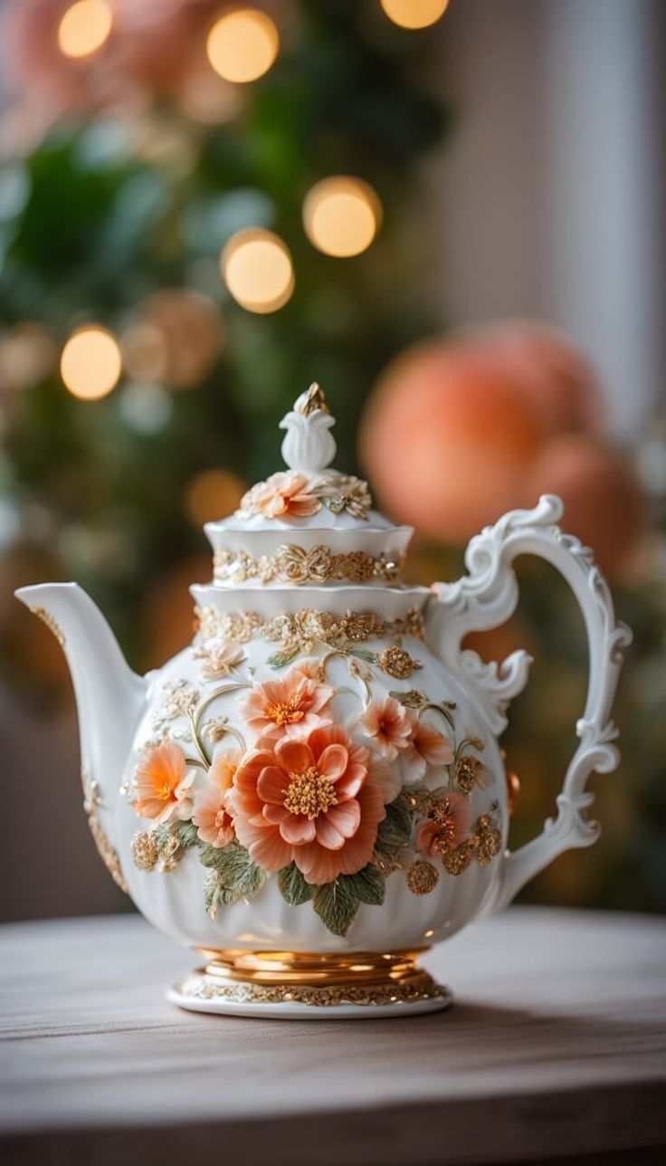 a tea pot with flowers on it sitting on a table next to a christmas tree