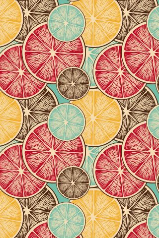 an image of citrus fruit slices on yellow background with red, green and blue colors