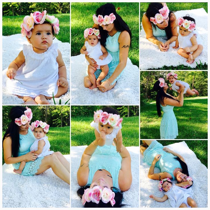 a collage of photos shows a woman holding a baby and flowers in her hair