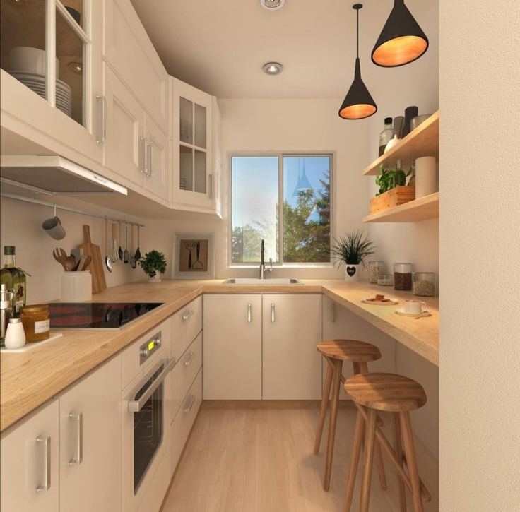 an artist's rendering of a kitchen with white cabinets and wood counter tops, two stools in the foreground