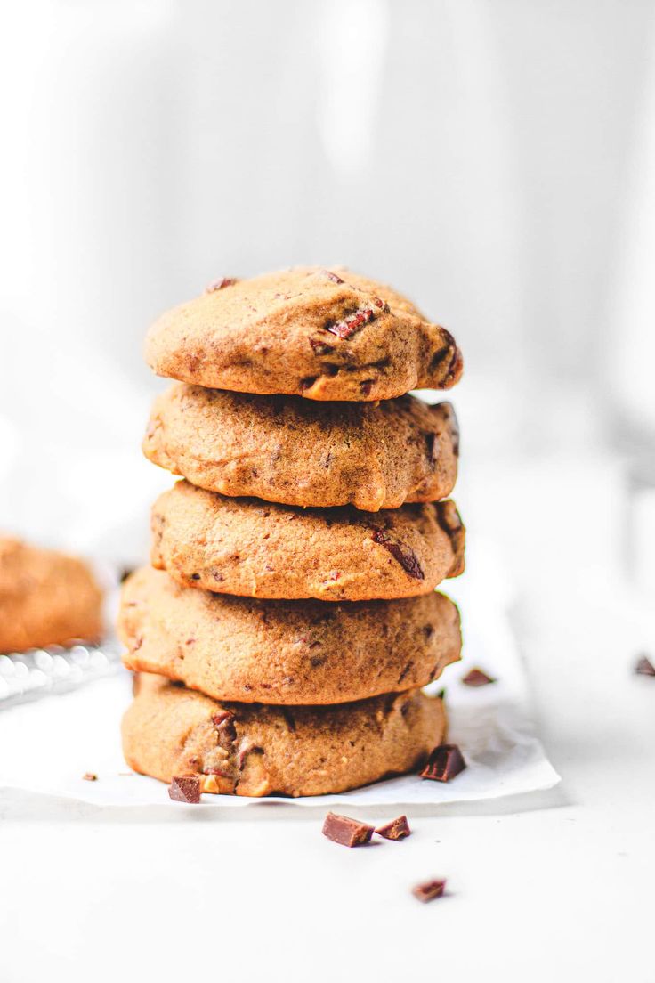 a stack of chocolate chip cookies sitting on top of each other