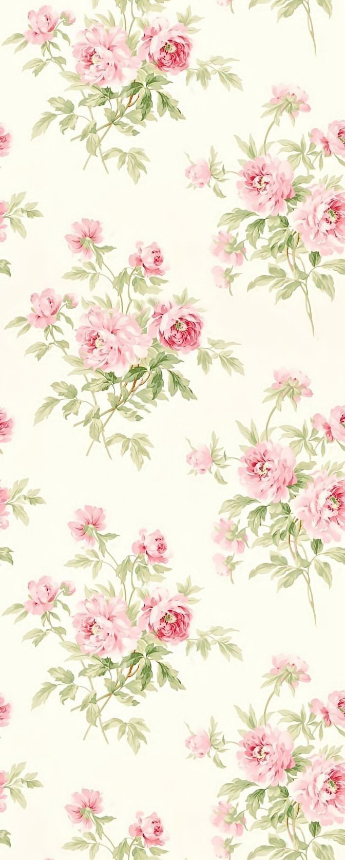 a pink flowered wallpaper with green leaves and flowers on white background is shown