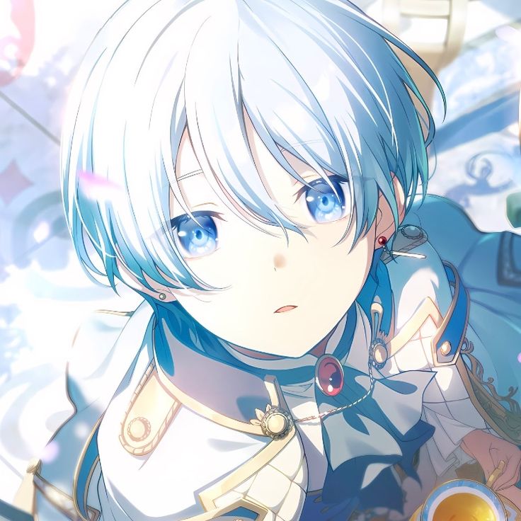 an anime character with blue eyes and white hair