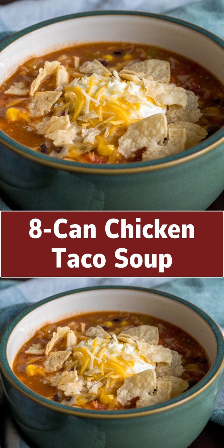 two bowls of chicken taco soup with tortilla chips