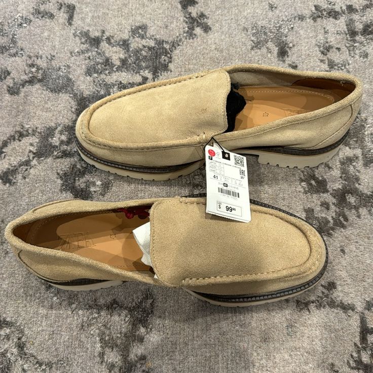 New With Tags Zara Loafers Men, Beige Slip-on Casual Leather Shoes, Casual Beige Slip-on Leather Shoes, Casual Slip-on Suede Loafers, Casual Suede Slip-on Loafers, Casual Suede Plain Toe Loafers, Spring Suede Slip-on Boat Shoes, Leather Slip-on Boat Shoes For Fall, Slip-on Leather Boat Shoes For Fall