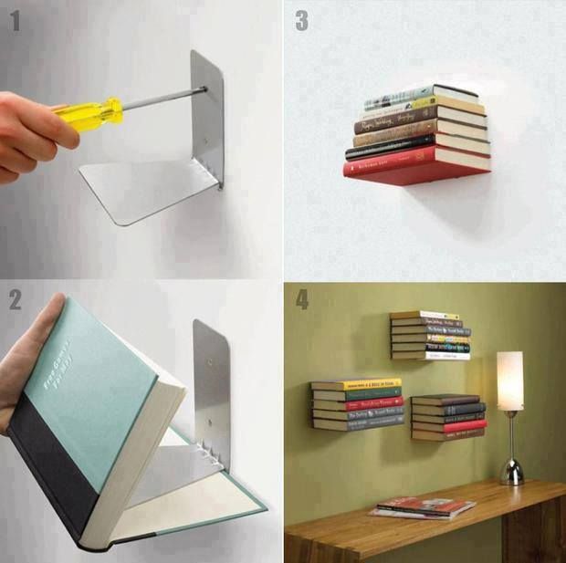 there are four different pictures of books on the wall and one is holding a pen