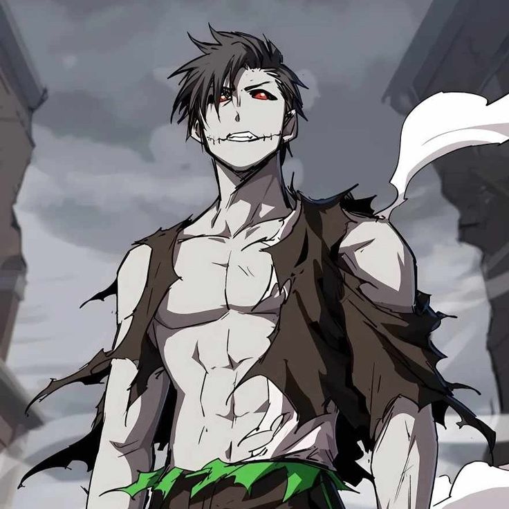 an anime character is standing in the middle of a street with his shirt off and eyes open