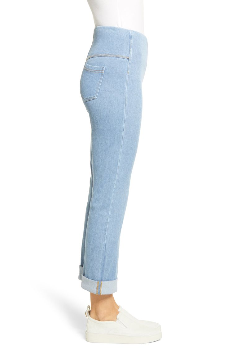 The look of your favorite jeans with the comfort of stretchy leggings and the slimming control of shapewear. Style Name:Lyssé Boyfriend High Rise Denim Leggings. Style Number: 5344309. Versatile Stretch Jeans With Cropped Leg, Stretch Cropped Leg Jeggings, Spring Medium Wash Jeggings With Five Pockets, High Rise Jeggings For Workwear In Spring, Comfort Stretch Straight Leg Bottoms, Trendy Stretch Cropped Jeans For Everyday, Medium Wash Stretch Cropped Pants, Chic Straight Leg Jeggings, Spring Straight Leg Jeggings