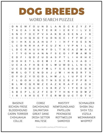 the word search for dog breeds is shown in this printable poster, which includes words and