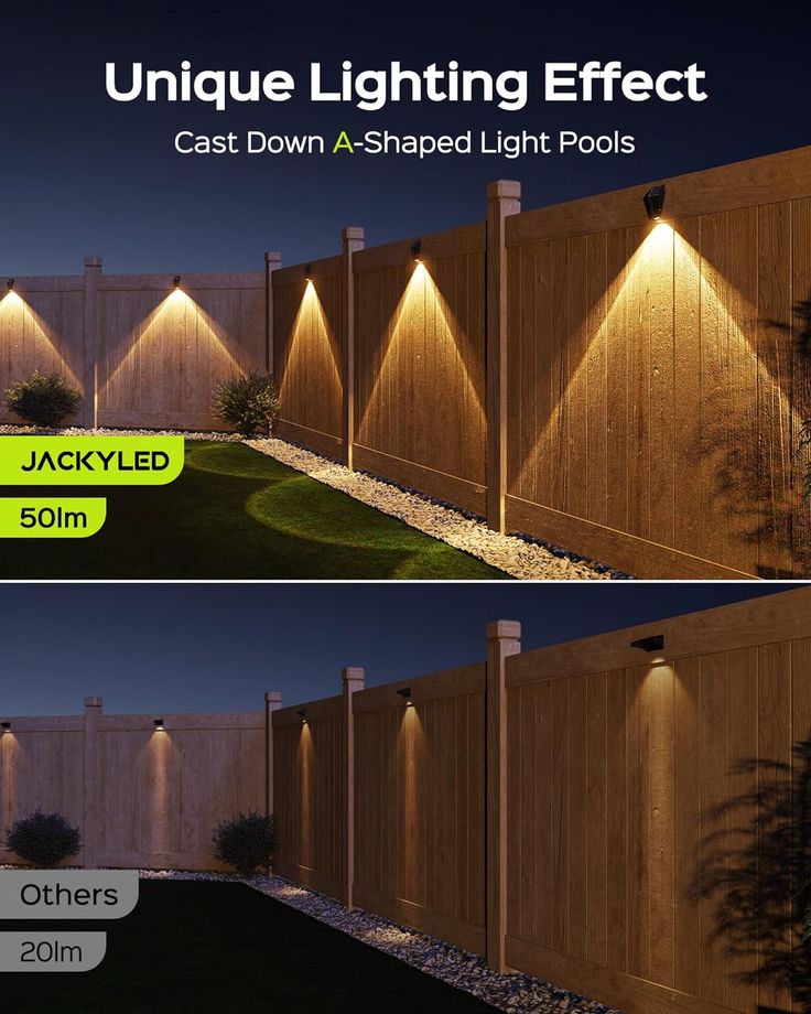 an image of a fence that has been lit up at night with the text, unique lighting effect cast down as - shaped light pools