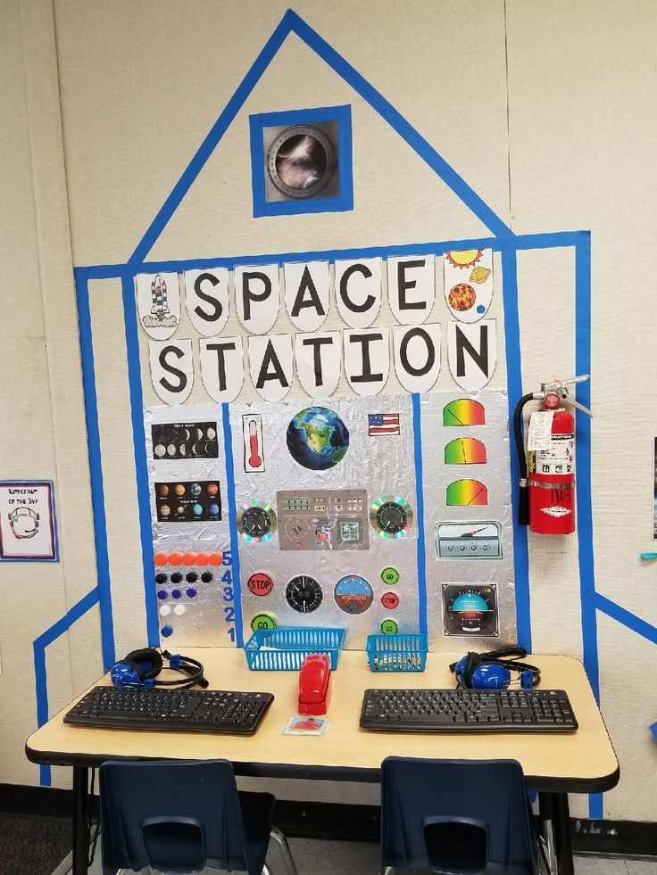 a desk with two computers on it in front of a space station sign