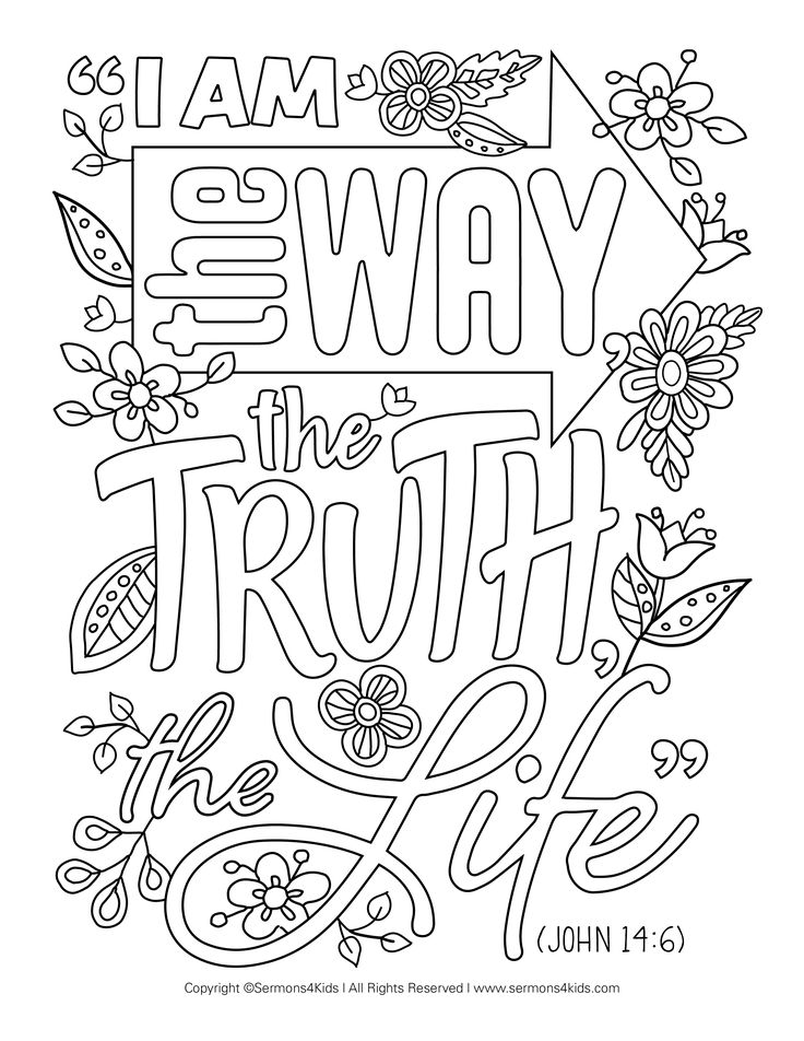 i am the way to the truth coloring page with flowers and leaves on it, in black and white