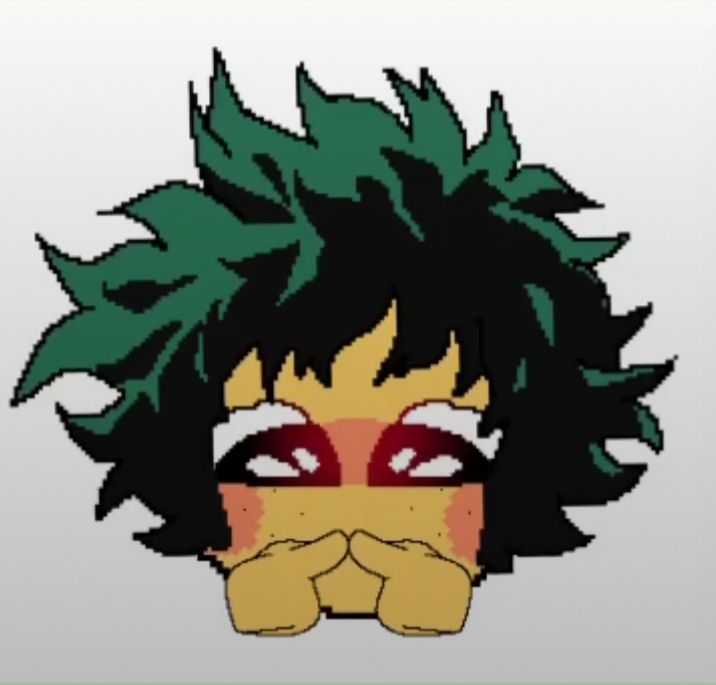 a drawing of a person with green hair and red eyes covering their face while wearing a mask