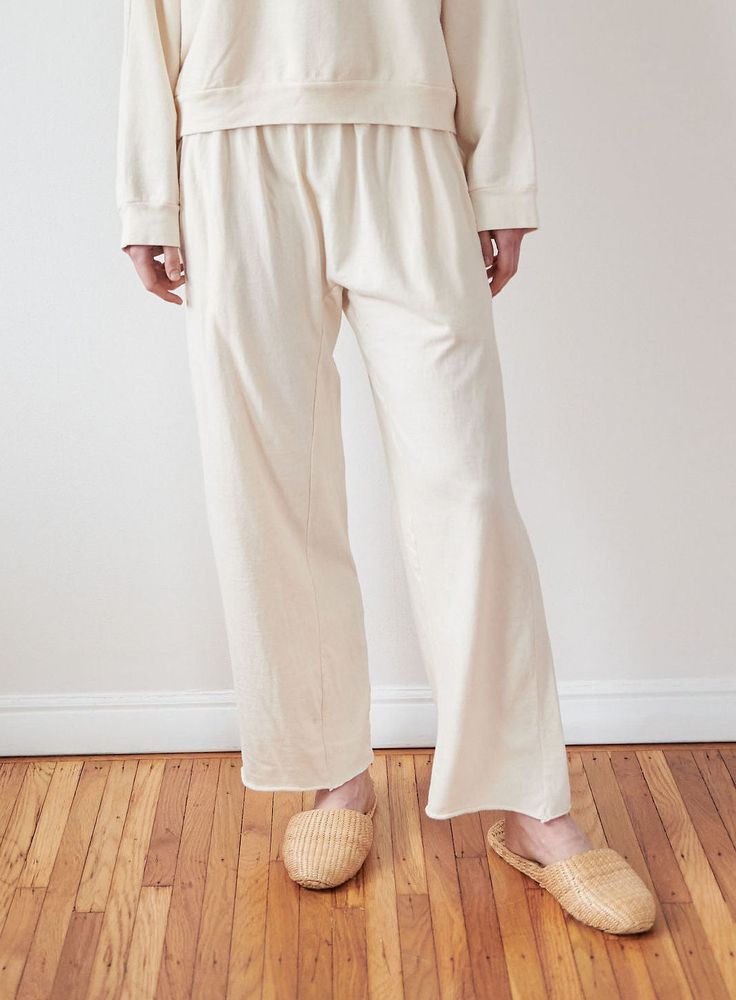 Easy Pant : Natural Wide Leg Pull-on Loungewear Pants, Linen Pull-on Style Bottoms For Loungewear, Pull-on Style Wide-leg Lounge Pants, Wide-leg Pull-on Style Bottoms For Loungewear, Pull-on Wide-leg Pants For Loungewear, Comfortable Organic Cotton Bottoms For Spring, Cotton Wide-leg Pants, Cotton Straight Leg Loungewear Bottoms, Cotton Wide Leg Sweatpants With Pull-on Style