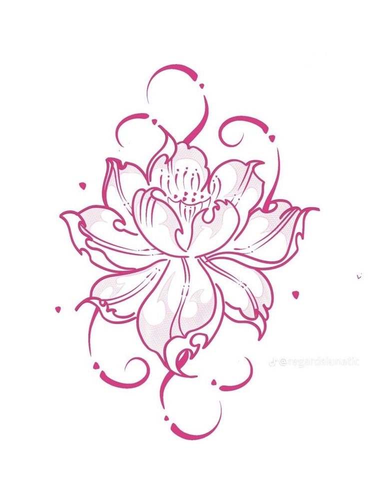 a drawing of a pink flower with swirls and hearts on the bottom half of it