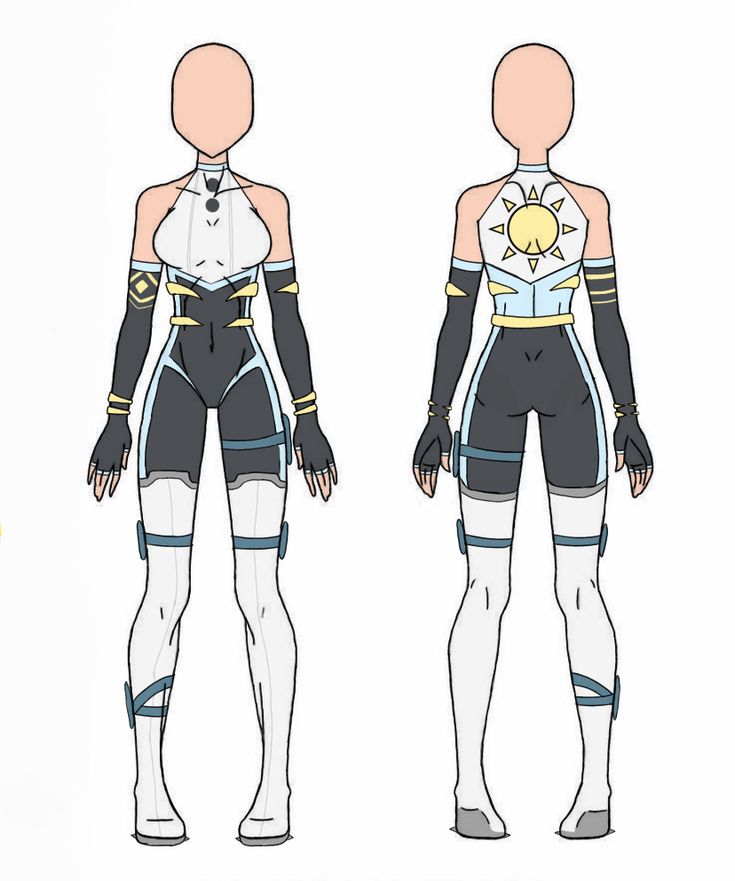 an anime character's body is shown in three different positions, including the front and back