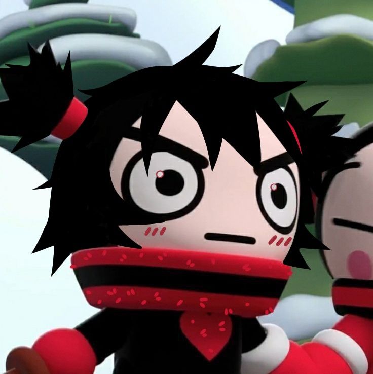 two cartoon characters with black hair and red scarfs