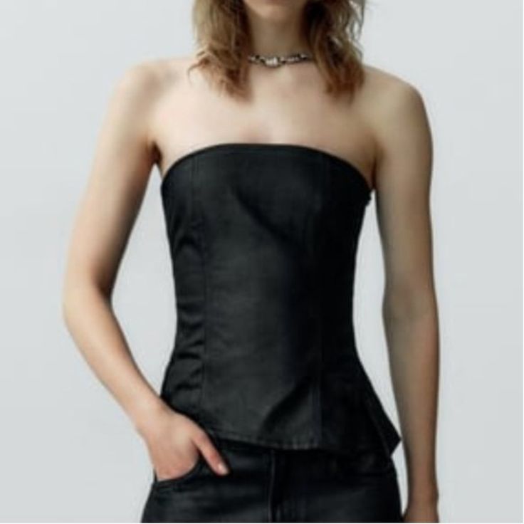 Nwt Zara Strapless Coated Top Black Chic Strapless Top For Formal Occasions, Chic Strapless Formal Tops, Elegant Tube Top For Spring Going Out, Fitted Tube Top For Night Out In Fall, Fall Night Out Fitted Tube Top, Elegant Fitted Bandeau Top, Fitted Strapless Top For Fall, Strapless Fitted Top For Fall, Strapless Fitted Tube Top For Fall