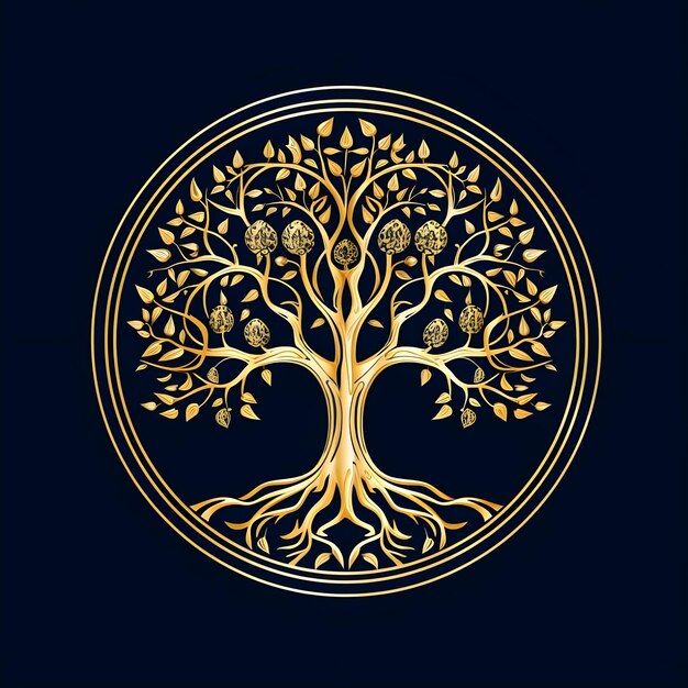 a golden tree with leaves and branches in a circle