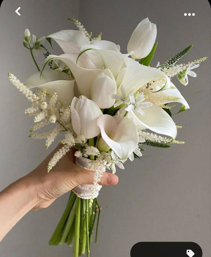 a hand holding a bouquet of white flowers